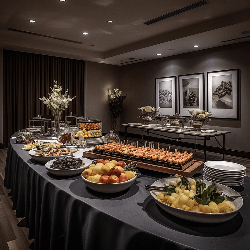 a corporate room with a table full of delicious food