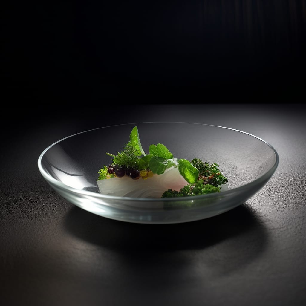 Elegant studio shot of a fine dining plate. Cured bonito with Osettra caviar and seaweed salad